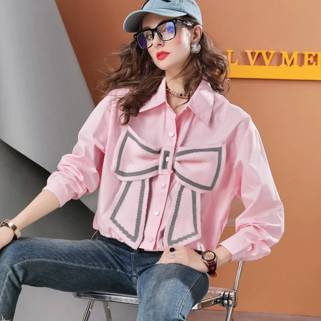 European long-sleeved bow loose shirt