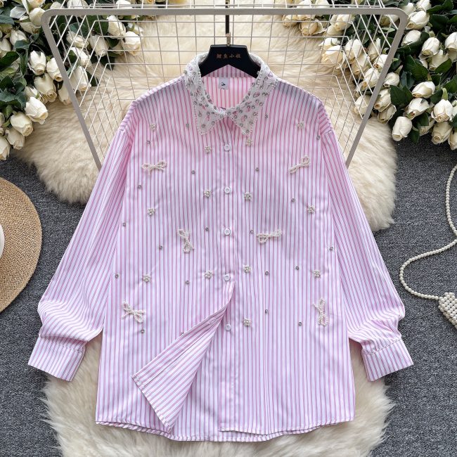 French diamond-inlayed bow long-sleeved shirt