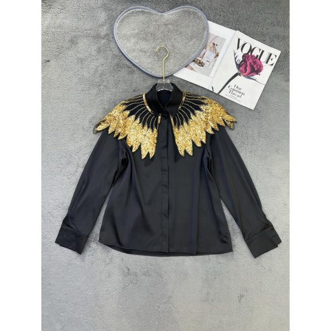 Spring New Sequins feather long-sleeved top