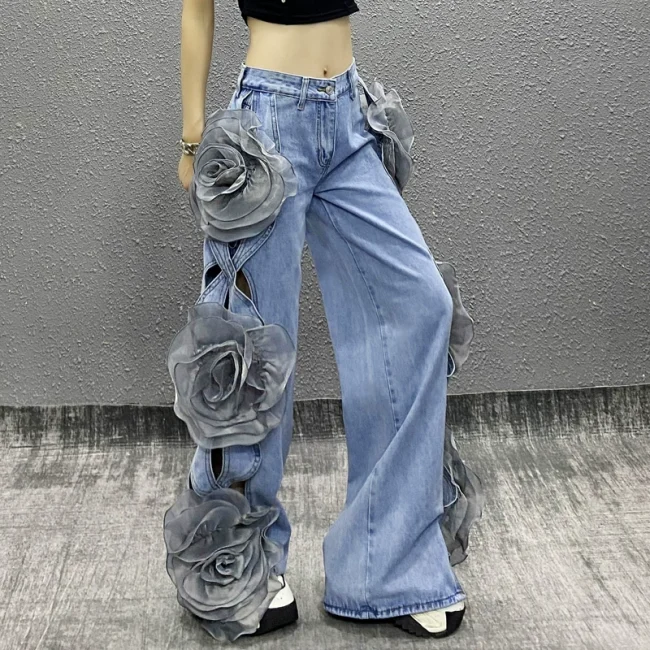 Large flower design denim pants